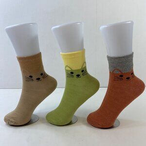 Womens Crew Socks Set 3 Cat Face Print Colorblock Brown Green Yellow Gray